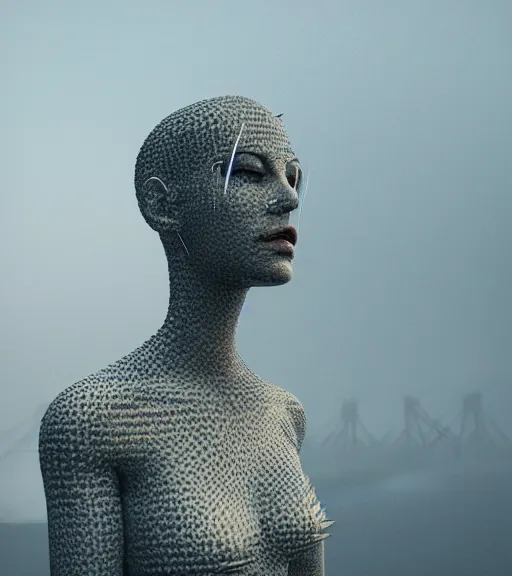 Image similar to surreal woman sculpture made of fence spike, in the gallery, foggy sky, dark night, octane render, unreal engine, pale colors, high detail, 8 k, wide angle, trending on artstation, behance