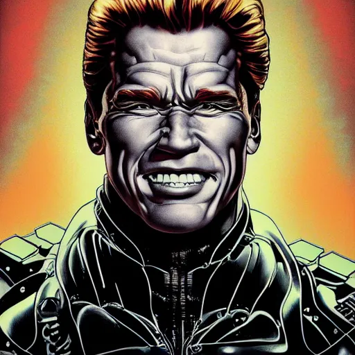 Image similar to portrait of arnold schwarzenegger, excited, symmetrical, by yoichi hatakenaka, masamune shirow, josan gonzales and dan mumford, ayami kojima, takato yamamoto, barclay shaw, karol bak, yukito kishiro