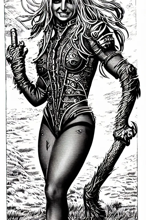 Image similar to britney spears as a d & d monster, full body, pen - and - ink illustration, etching, by russ nicholson, david a trampier, larry elmore, 1 9 8 1, hq scan, intricate details, inside stylized border
