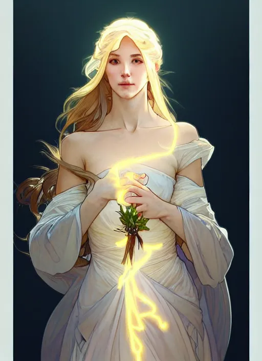 Image similar to digital character concept art by artgerm and greg rutkowski and alphonse mucha. clear portrait of a modern young wife blessed by god to uncontrollably become overwhelmingly perfect!! blonde, in clothes! obviously feminine well - formed holy body!! light effect. hyper detailed, glowing lights!! intricate, elegant, digital painting, artstation, smooth, sharp focus