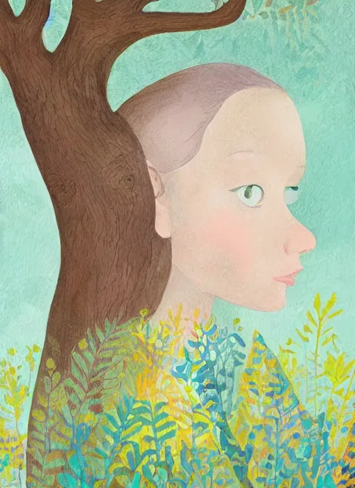 Prompt: a wonderful childrens illustration book portrait painting of a woman, art by tracie grimwood, trees, many leaves, birds, whimsical, aesthetically pleasing and harmonious natural colors