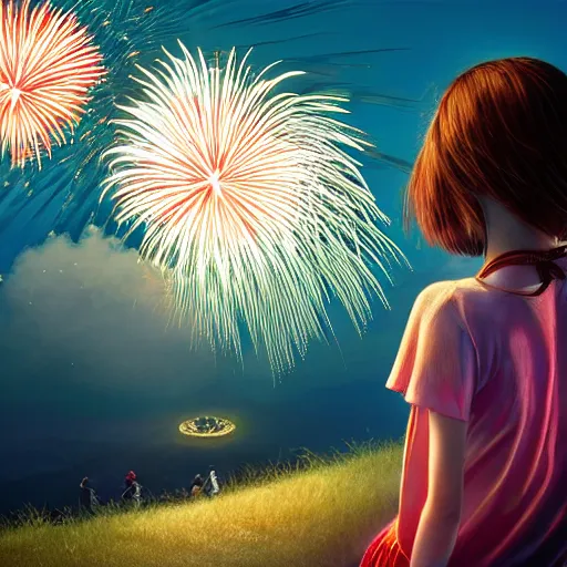 Image similar to girl watching watching fireworks on a hill, digital art, by richard estes, akiyuki shinbou, yoshitaka amano highly detailed, realistic, cinematic, bold colours, photorealism, 4 k, wide angle lens