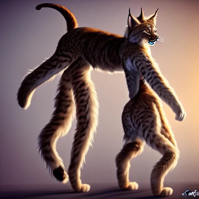 Prompt: the full body of anthropomorphic lynx fursona from behind wearing a steampunk suit as unimaginably beautiful, gorgeous, elegant, young woman with lynx head, fluffy tail, paw pads, an ultrafine hyperdetailed illustration by furaffinity, intricate linework, white fur, unreal engine 5 highly rendered, global illumination, radiant light, detailed and intricate environment