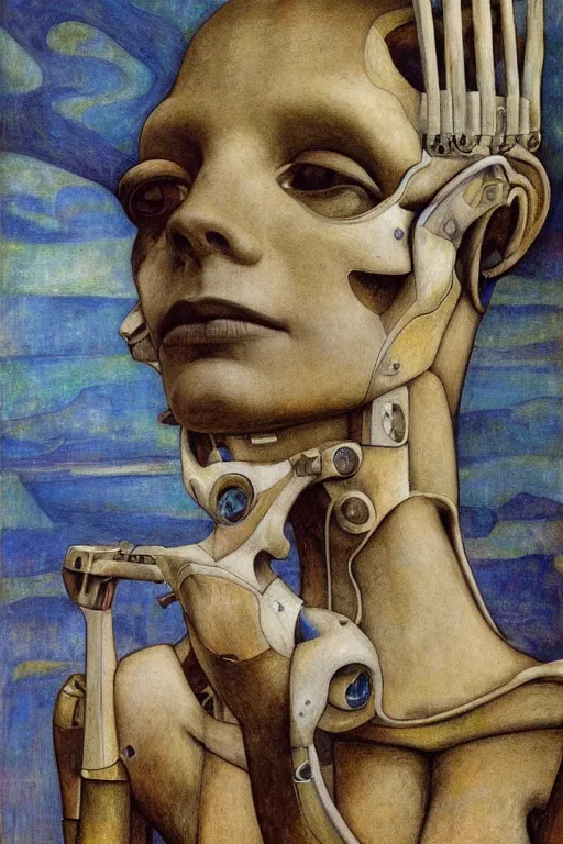 Image similar to the robot wearing her bone crown stands by the window , by Annie Swynnerton and Diego Rivera and Elihu Vedder, symbolist, dramatic lighting, elaborate geometric ornament, Art Brut, soft blues and greens,smooth, sharp focus, extremely detailed, Adolf Wölfli and Evelyn De Morgan