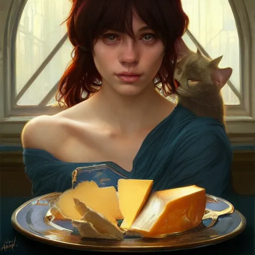 Prompt: a portrait of cat devouring cheese, highly detailed, digital painting, artstation, concept art, sharp focus, illustration, art by artgerm and greg rutkowski and alphonse mucha