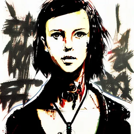 Image similar to Portrait of cyberpunk cyborg Millie Bobby Brown by Yoji Shinkawa