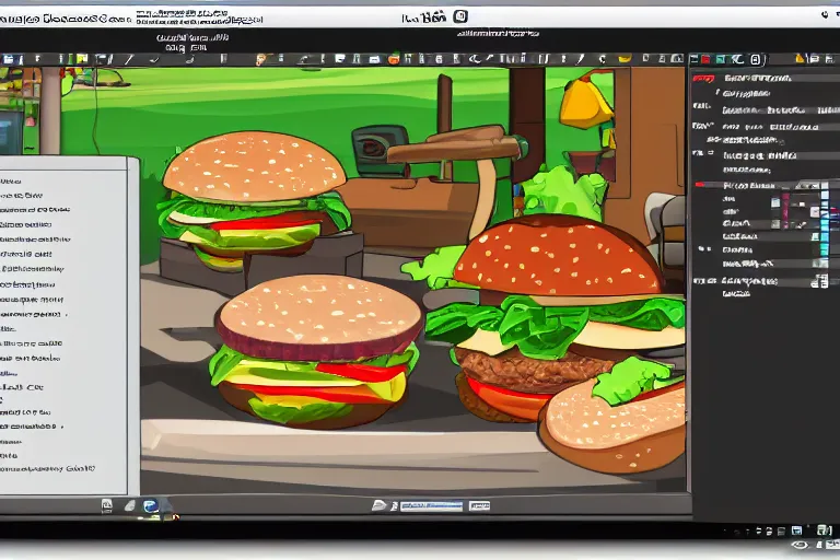 Image similar to hamburger themed gnu / linux desktop environment, linux mint, in 1 9 9 5, y 2 k cybercore, desktop screenshot