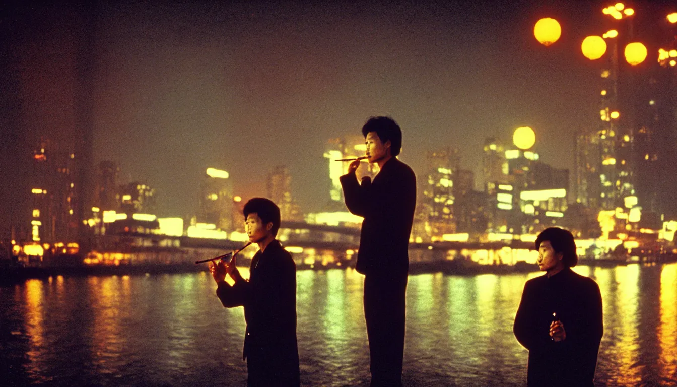 Image similar to 80s asian neon movie still with a man smoking cigarette by the river at night with city lights behind his back. Fallen angels movie still. hyperrealistic, high definition, medium format photography, highly detailed, tehnicolor