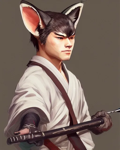 Image similar to An athletic man with fox ears and a katana wearing a kimono, portrait, visualartzi, Japanese, concept art by Karla Ortiz, James Paick, Charlie Bowater, Krenz Cushart, highly detailed, ultra detailed, ultra realistic, trending on artstation, cgstudio