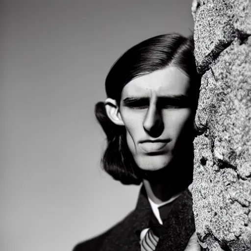 Image similar to 4K photograph of a panicked dishevelled slender young man with long hair in 1930s apparel backed against a stone wall trying to protect himself. Dramatic lighting