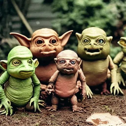 Prompt: autochrome photo of vintage disgusting brown Boglins, plastic goblin monster toys in a backyard garden, kaiju, oni, realistic