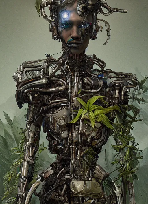 Image similar to hyper - detailed fine painting of a humanoid cyborg half cybernetic and half made of plants and wood, concept art magical highlight