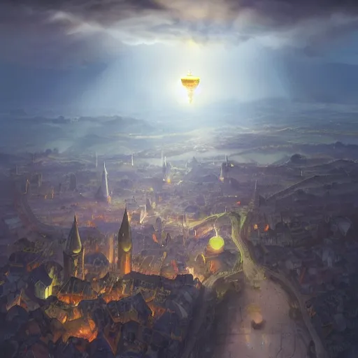 Image similar to aerial view of a medieval town situated below an orb of light hanging in the sky. bright orb, by alan lee by peter mohrbacher, trending on artstation sharp focus vfx key shot