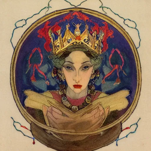 Image similar to the lantern crown, by Annie Swynnerton and Nicholas Roerich and Edmund Dulac, embroidered brocade, tattoos, elaborate costume, geometric ornament, symbolist, rich colors, dramatic lighting, smooth, sharp focus, extremely detailed