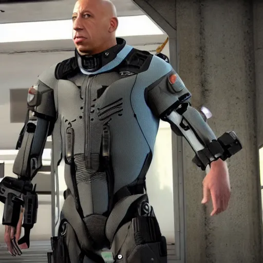 Image similar to Vin Diesel donning an HEV Mk. V suit starring in Half-Life 2 on the Borealis