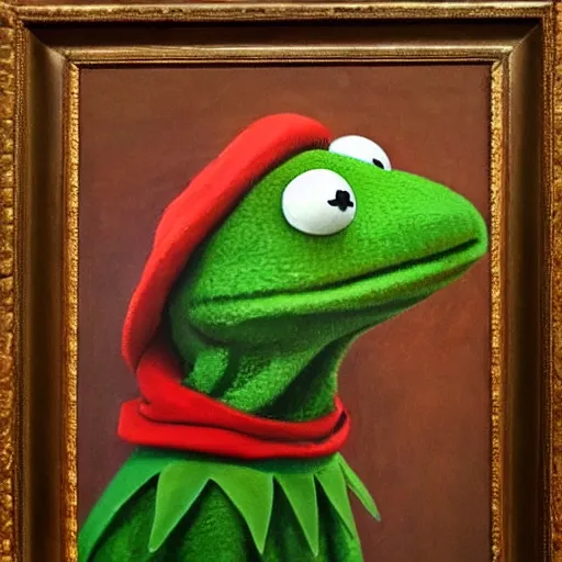 Image similar to photorealistic kermit the frog in an 1 8 5 5 painting by elisabeth jerichau - baumann. painting, oil on canvas