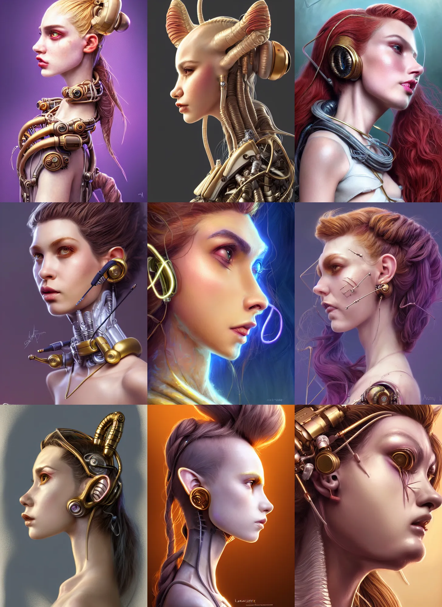 Prompt: disney weta portrait side profile, soft lustrous ivory biotech raver clowncore cyborg, earbuds, golden ratio, details, sci - fi, fantasy, cyberpunk, intricate, decadent, highly detailed, digital painting, ever after high, octane render, artstation, concept art, smooth, sharp focus, illustration, art by artgerm, loish, wlop