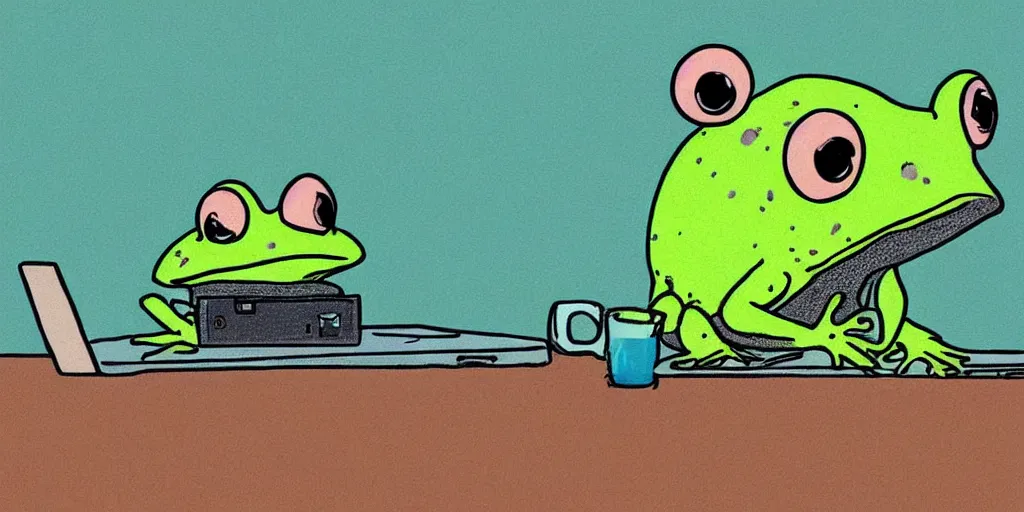 Image similar to peepo the frog lying on his bed with a laptop, crying as his heart breaks after reading an announcement on discord, sad lo-fi vibes, dramatic