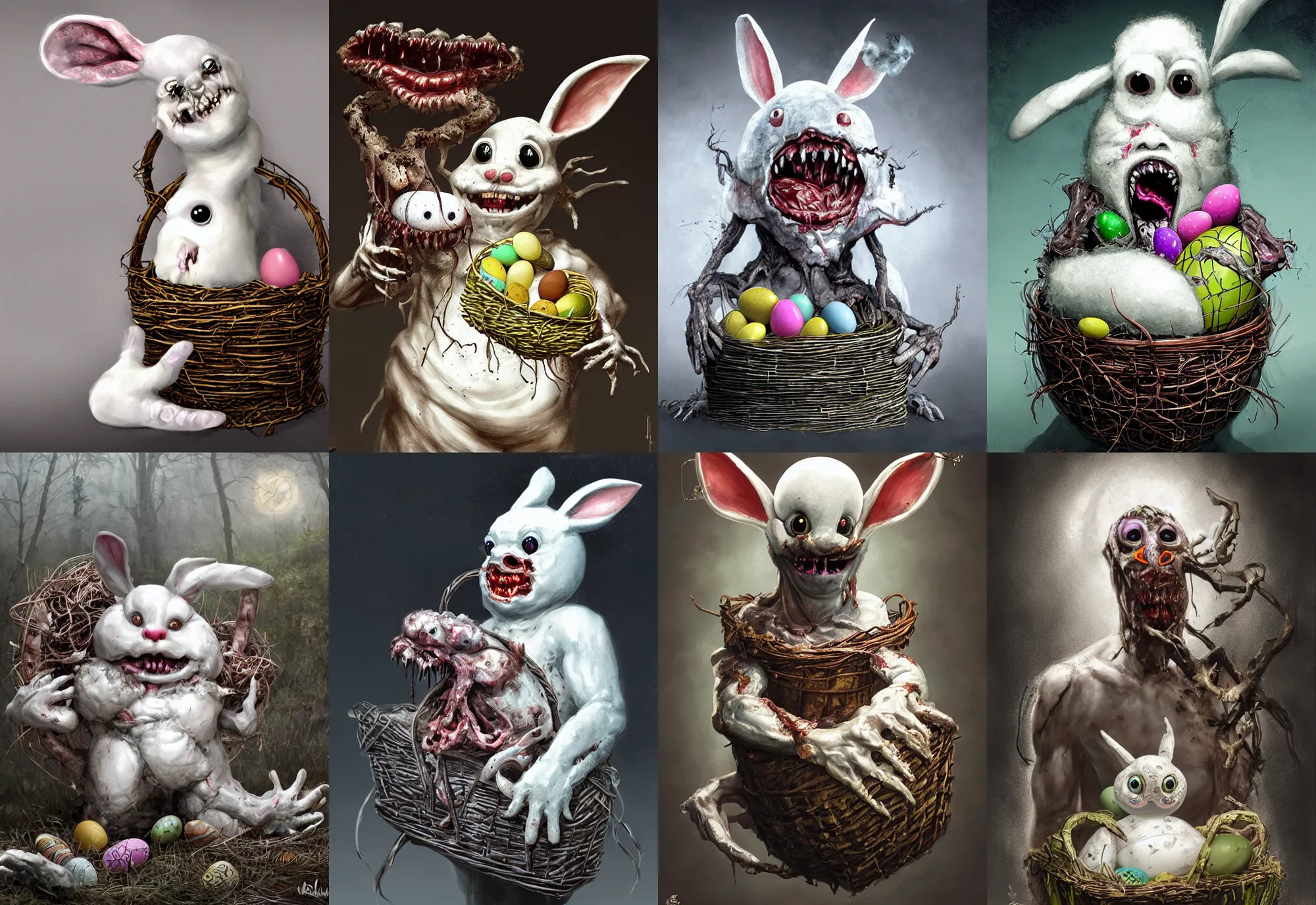 Prompt: a nightmarish slimy monster white easter bunny, with black eyes, rotting flesh, exposed bone, with an easter basket, by jerad marantz, concept art, dramatic lighting, highly detailed digital painting
