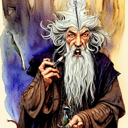 Image similar to a realistic and atmospheric watercolour fantasy character concept art portrait of gandalf with bloodshot eyes giggling and smoking a pipe looking at the camera by rebecca guay, michael kaluta, charles vess and jean moebius giraud
