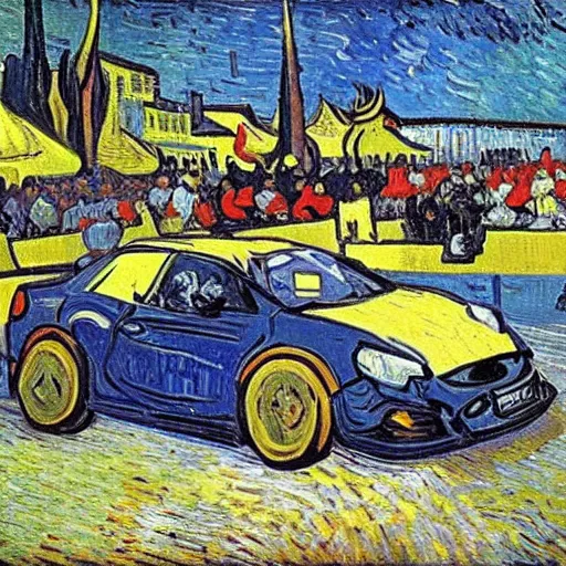 Image similar to pit lane accident. painted by van gogh. bright colors . extreme heat