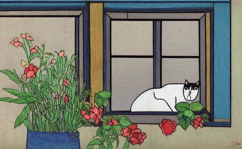 Prompt: sleeping cat on window, inside house in village, plants, divisionism and cloisonnism style