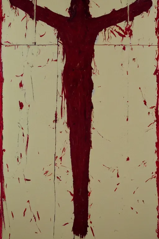 Image similar to red bloody jesus christ crucified painted by cy twombly and andy warhol,