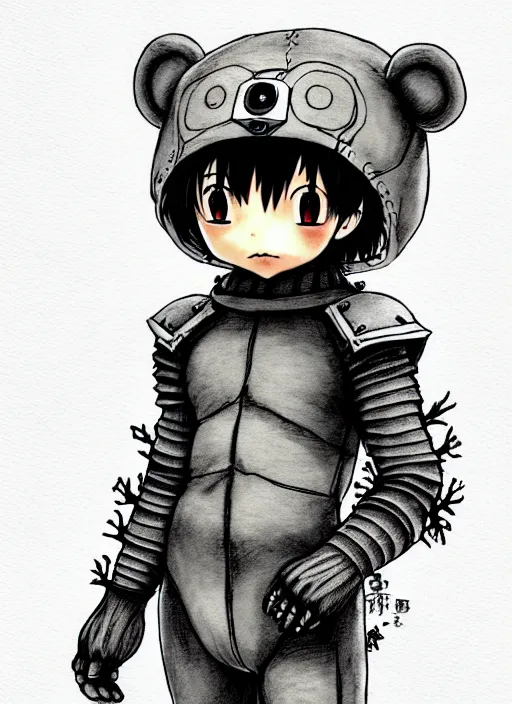 Image similar to beautiful little boy wearing an cyborg bear suit, artwork in kentaro miura and made in abyss and rosdraws, smooth, beautiful lightness, anatomically correct, trending on pixiv, forest