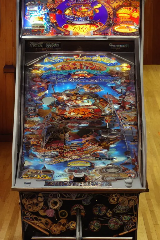 Image similar to pinball machine designed by brian froud