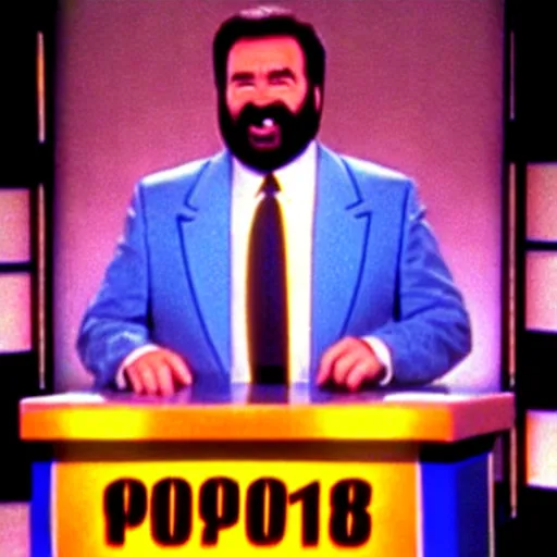 Image similar to Billy Mays hosting Jeopardy, VHS tape footage, 1991, the set of Jeopardy