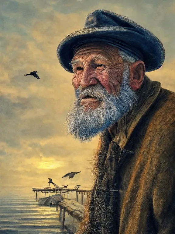 Stockfoto med beskrivningen Picture of unhappy handsome old fisherman with  blue eyes and beard holding fish, looking cranky and dissatisfied, unhappy  with poor catch. Hobby, leisure and occupation concept
