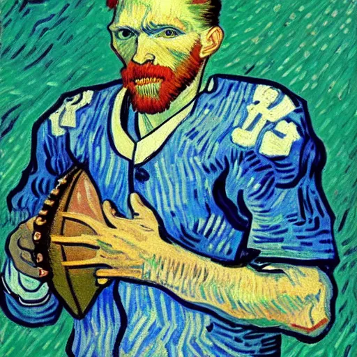 Image similar to A van Gogh style painting of an American football player