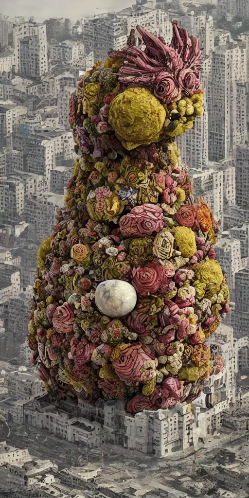 Image similar to colossal grotesque flower made from unfulfilled communist dreams in the middle of abandoned post soviet constructivist cityscape, Stalinist architecture, ultradetailed, Intricate by Hayao Miyazaki and Josan Gonzalez and Makoto Shinkai and Giuseppe Arcimboldo and Wes Anderson