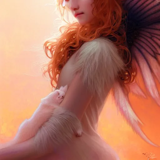 Image similar to Portrait of a girl angel with pale orange colored fuzzy frizzy hair, cat ears on her head, glowing halo, wings on her back, fantasy, intricate, elegant, highly detailed, digital painting, artstation, concept art, smooth, sharp focus, illustration, art by Krenz Cushart and Artem Demura and alphonse mucha