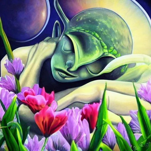 Image similar to beautiful painting of a cute alien sleeping laying in colorful flowers. sci fi concept art by caravaggio