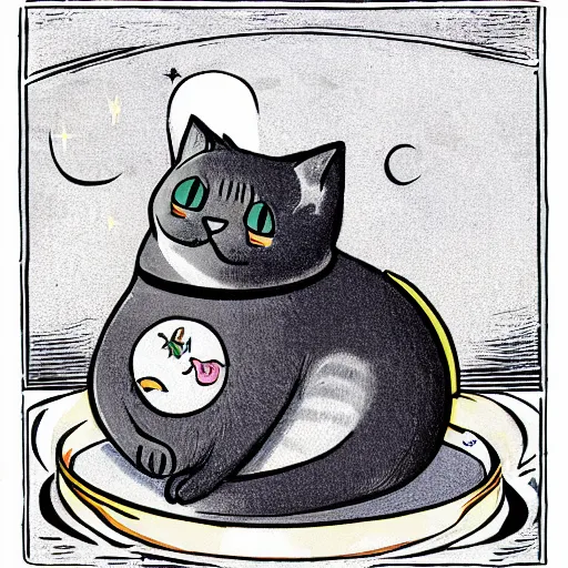 Prompt: a picture of a cat as fat as a moon, the cat is about to eat a spaceship