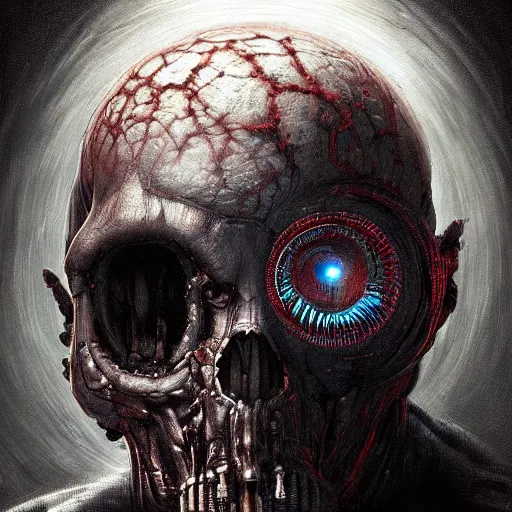 Image similar to surreal portrait of a man by Greg Rutkowski and H.R Giger, a biomechanical skull from whose sockets a red light emanates, between human and alien, connected by pipes and cables, terrifying, disturbing, cosmic void background, frightening, fascinating, highly detailed portrait, digital painting, book cover, artstation, concept art, smooth, sharp foccus ilustration, Artstation HQ.