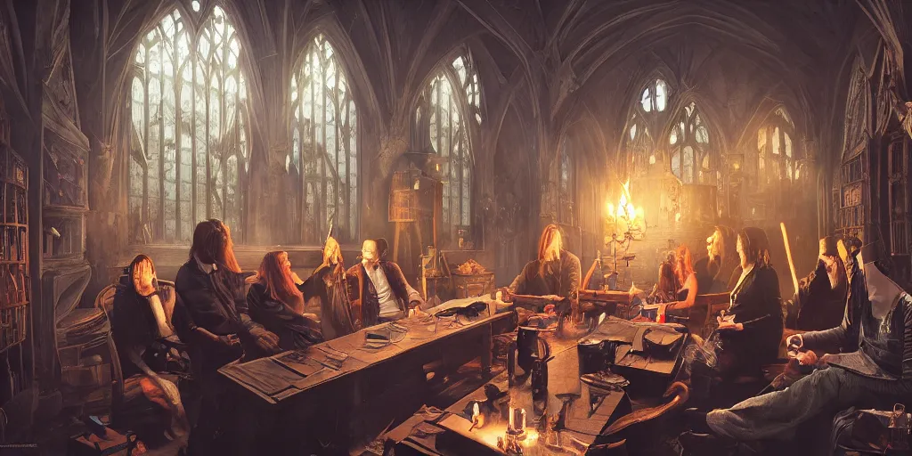 Image similar to group of wizards chilling at hogwarts smoking weed, realistic digital art 4 k, high quality, greg rutkowski, zabrocki, karlkka, jayison devadas, phuoc quan, trending on artstation, 8 k, ultra wide angle, zenith view, pincushion lens effect