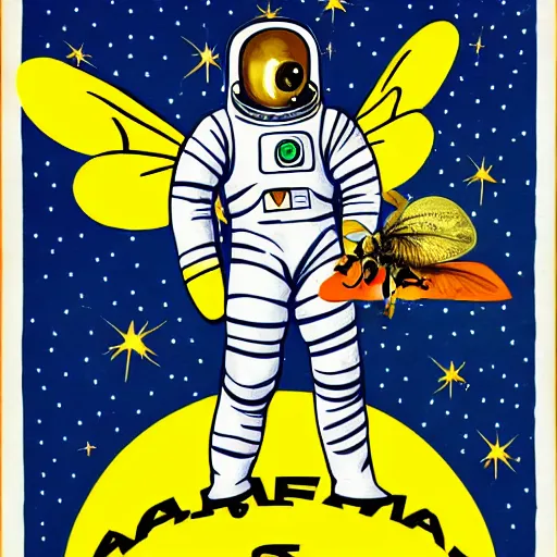 Prompt: a spaceman holds a large bee in his hand on a background of stars, in the style of propaganda posters