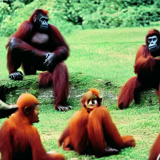 Prompt: a swat team consisting of orangutans listening a briefing from their gorilla leader, award winning vintage 1 9 9 0 photo