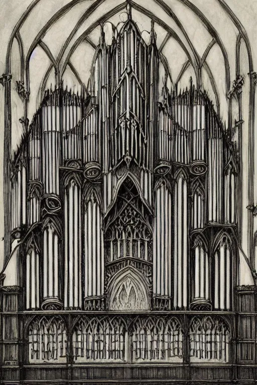 Image similar to a gothic pipe organ, graphic novel style by alan lee and john howe