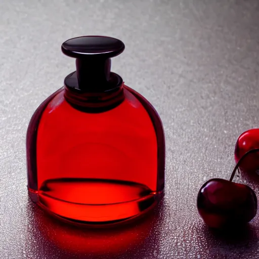 Image similar to perfume bottle surrounded by dark red cherries, softly - lit, realistic, up close shot, white background, zen, light, modern minimalist f 2 0