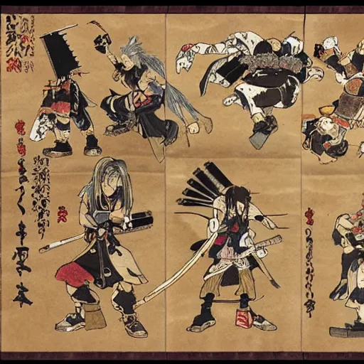 Prompt: Final Fantasy VII as an emaki scroll, highly detailed, beautiful