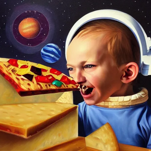 Image similar to highly detailed oil painting by caravaggio in the minecraft universe of a happy little boy flying through space eating pizza and cheese, where the planets are candy, hd, trending on artstation