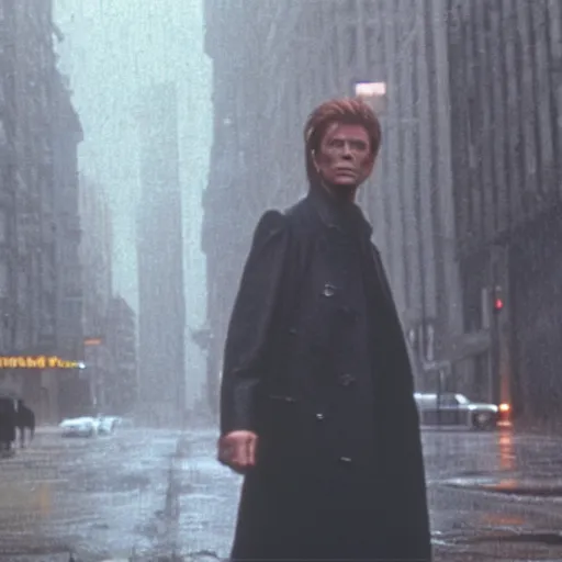 Image similar to David bowie in a rainy bladerunner city street, movie still 4k