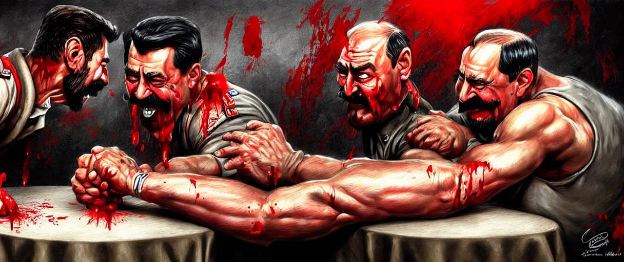 Image similar to arm wrestling ( ( vladimir putin ) ) vs ( ( iosif stalin ) ), hyperrealistic, digital concept art, caricature illustration, bloody, violent. horror. art by gaston bussiere