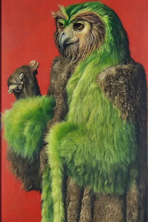 Image similar to portrait of humanoid iridescent green owlbear wearing a loose tunic. an anthropomorphic owlbear. fantasy, oil painting by jan van eyck, northern renaissance art, oil on canvas, wet - on - wet technique, realistic, expressive emotions, intricate textures, illusionistic detail