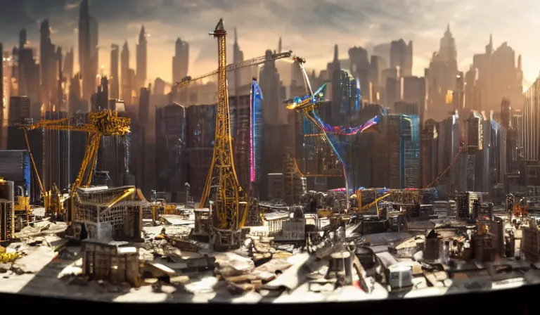 Image similar to large group people in a frame warehouse, looking at hologram of futuristic city on a table, cinematic concept art, godrays, golden hour, natural sunlight, 4 k, clear details, tabletop model buildings, center tabletop model, hologram center, crane shot, crane shot, crane shot