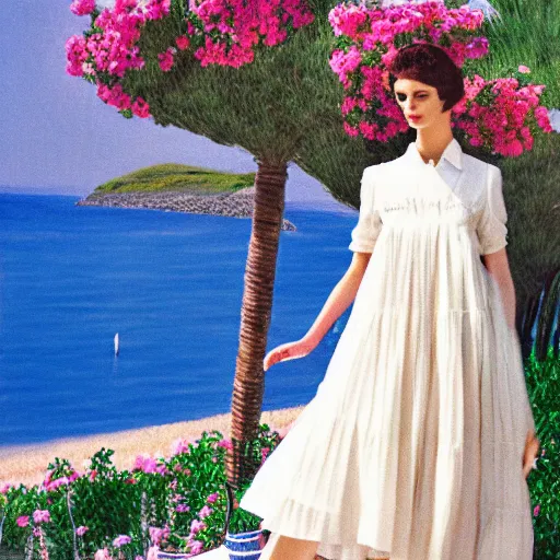 Prompt: 1 9 7 6 italia vogue magazine photo of a dress with cotton set, christian dior style, flowers and mediterranean beach fake background painting