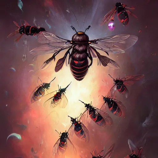 Prompt: Justin Sun attacked by crimson-black bee swarm by Peter Mohrbacher